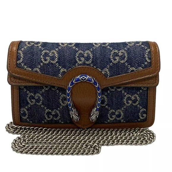 Gucci Handbags - GUCCI Dionysus GG Super Mini Bag Navy Beige Dark Brown Denim Leather 1208-101424